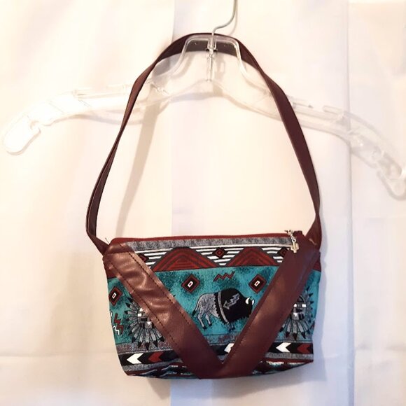 New Southwestern Buffalo Native Cowgirl Purse Teal Burgundy Mini Shoulder Bag - Picture 2 of 10